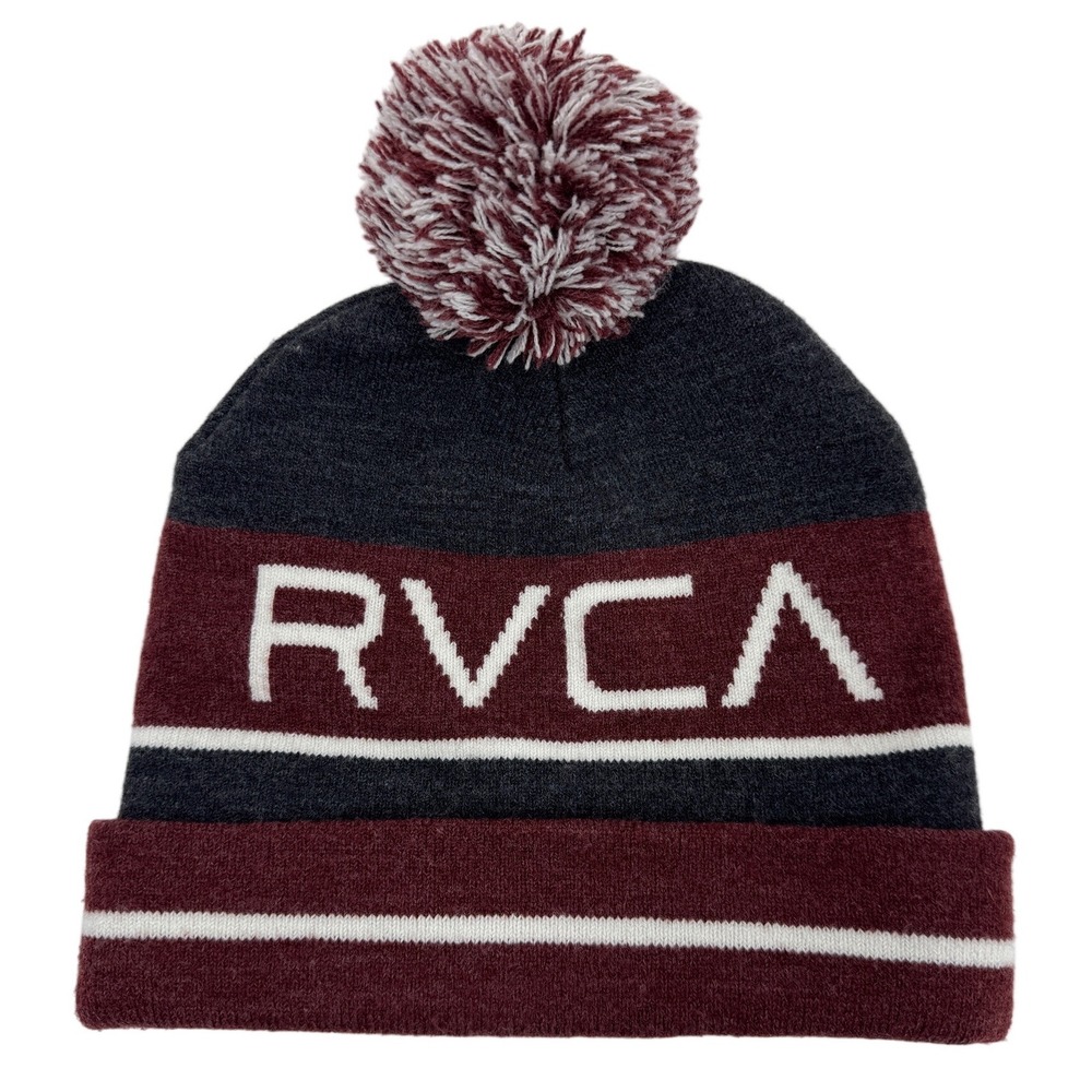 RVCA Mens Pom Pom Beanie Hat Charcoal Grey Burgundy Striped Logo Knit Cap
